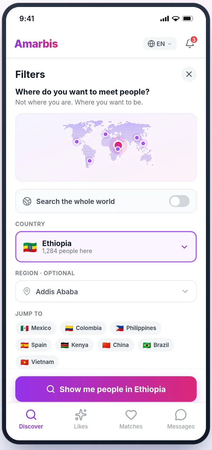 Amarbis app: choose the country you want to meet people in